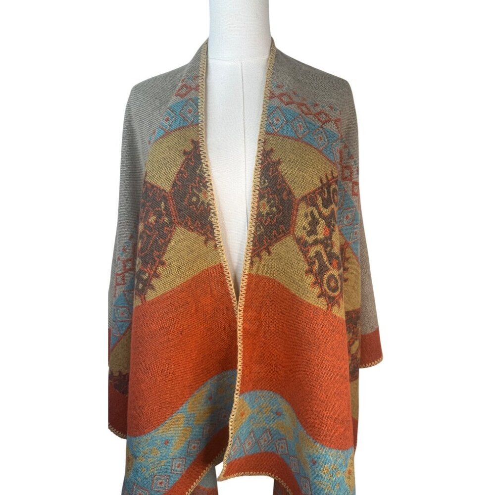 2/$30 Boho Style Poncho Blanket Shawl Abstract Patterns & Warm Tones - Picture 5 of 11